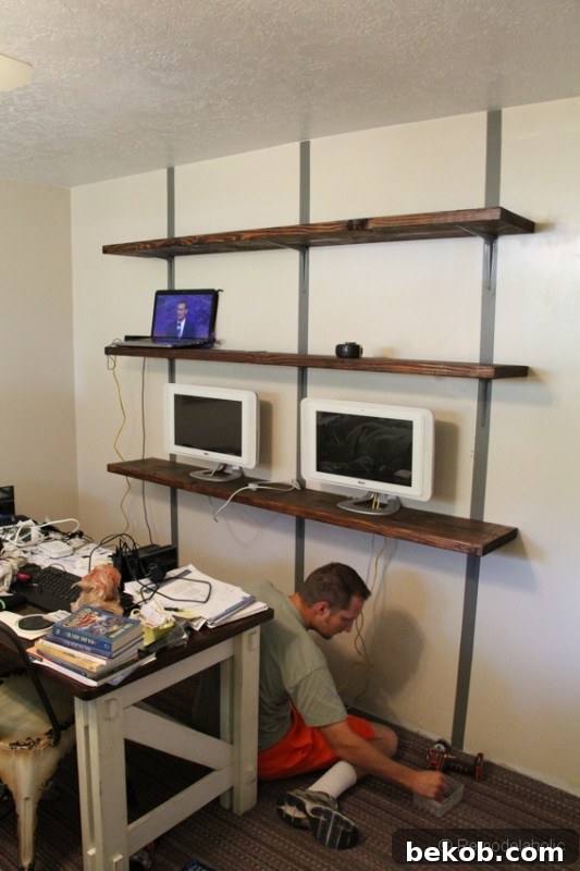 Final Installation of DIY Rustic Wall Shelves