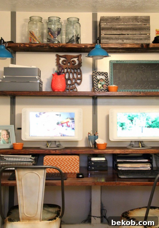 Rustic Wall Shelves with Integrated Computer Setup