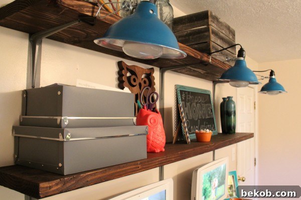 Overview of Rustic Wall Shelves and Desk Area