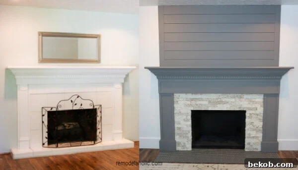 1970s Fireplace Remodel Before and After with Airstone Surround and Modern Mantel