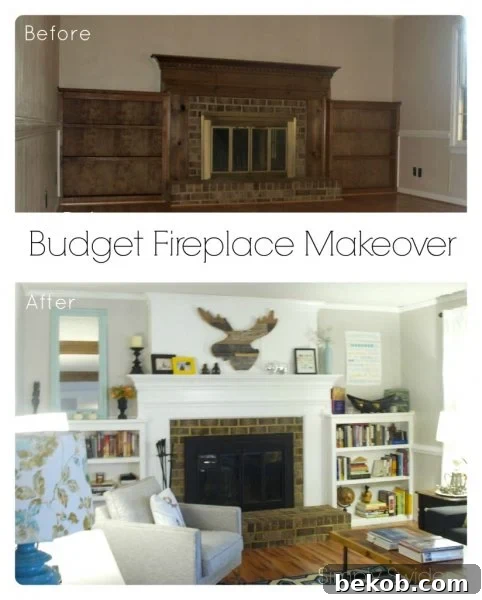 Brick Fireplace Remodel with Faux DIY Chimney and Painted White Built-In Shelves