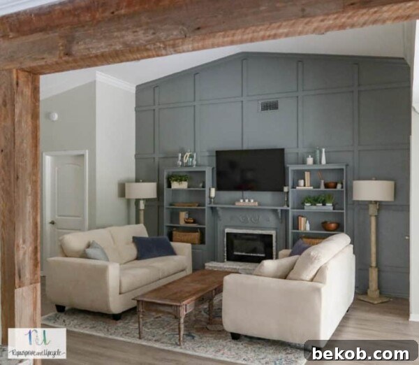 DIY Faux Mantel to Electric Fireplace Wall with Shelves and Board and Batten by Repurpose and Upcycle