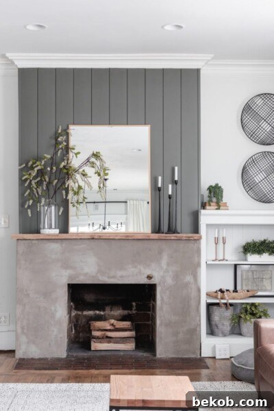 Brick to Concrete Fireplace Remodel with Shiplap by Cherished Bliss