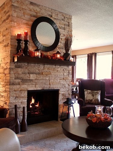 Stone Veneer Fireplace installed over Brick Hearth and Fireplace by Dining Delight