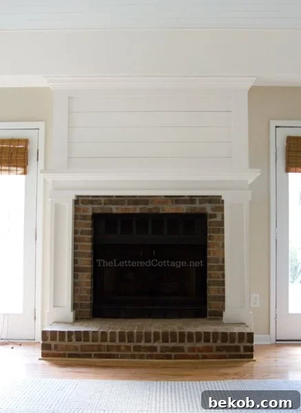Brick Fireplace Makeover with Wood and MDF Mantel by The Lettered Cottage