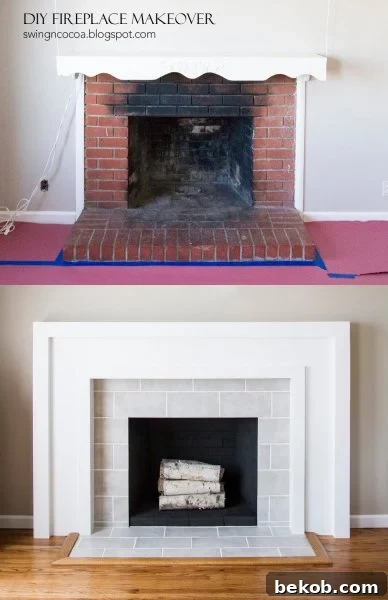 Brick to Tile Modern Fireplace Makeover by Swing N Cocoa