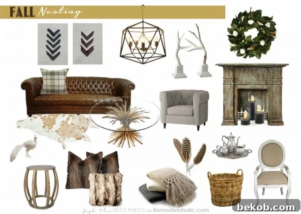 Fall Nesting mood board featuring cozy neutrals, plaid, fur, and natural elements for autumn home decor