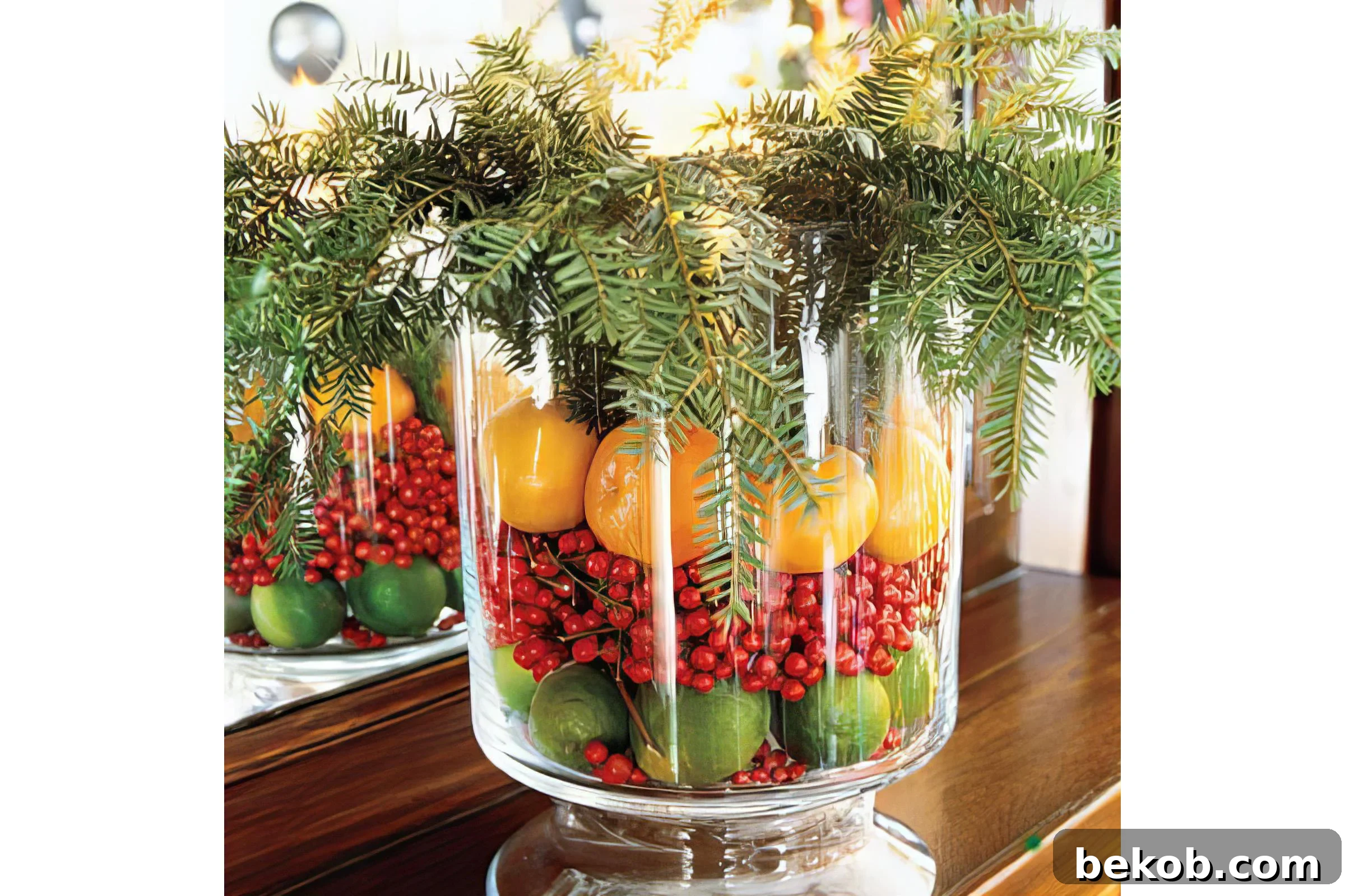 Fresh Fruit And Evergreen Branches In A Glass Hurricane Southern Living Via @Remodelaholic 033032 Copy