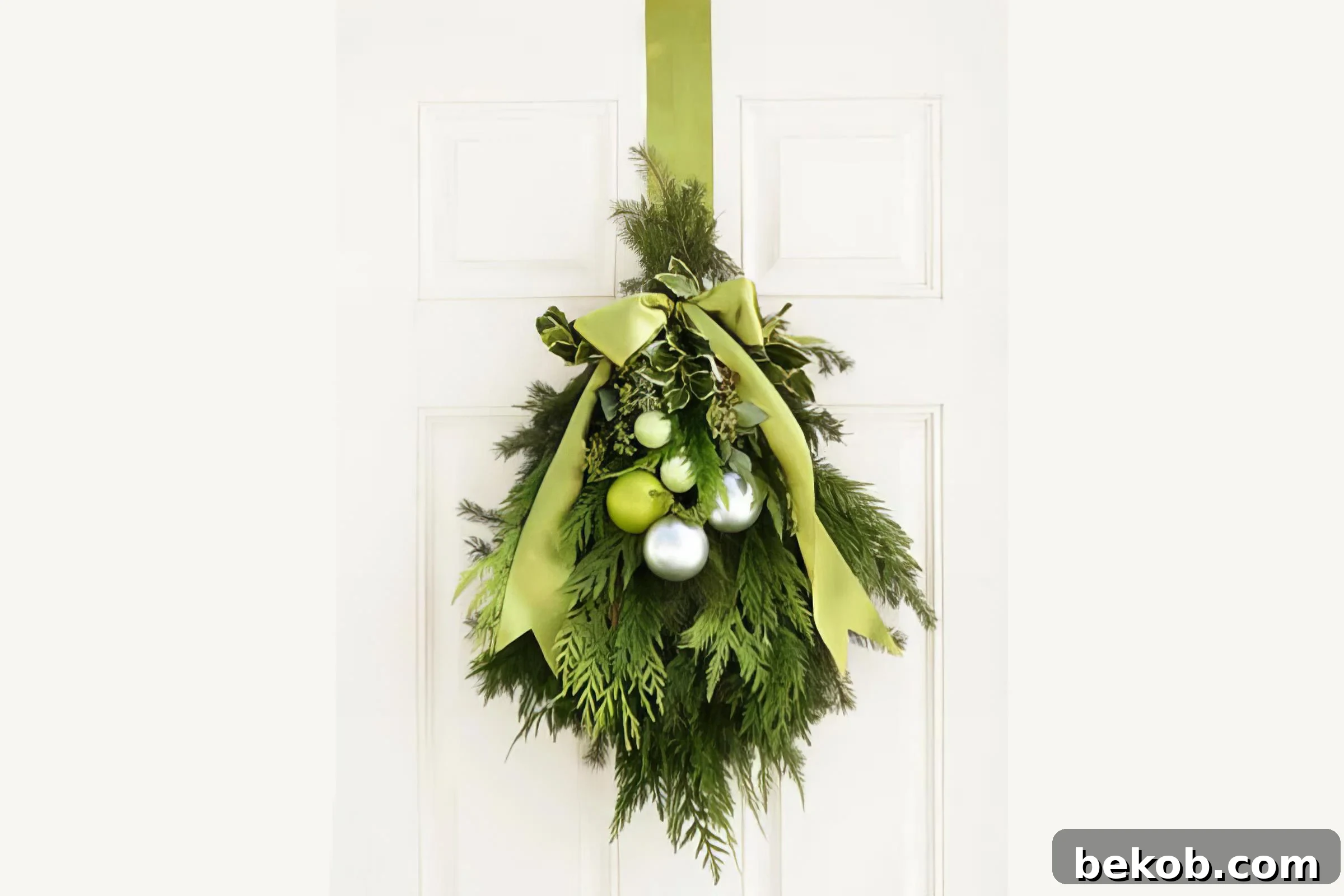 Evergreen And Ornament Door Swag Good Housekeeping Via @Remodelaholic 020326