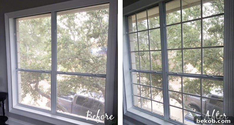 Window before and after DIY mullion grid installation