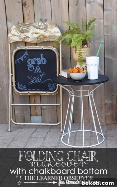 Transform an evergreen folding chair into a fabulous, functional piece with chalkboard paint and new fabric. A creative DIY home decor project.