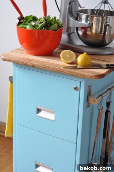 Filing Cabinet Transformed into a Functional and Unique Kitchen Island