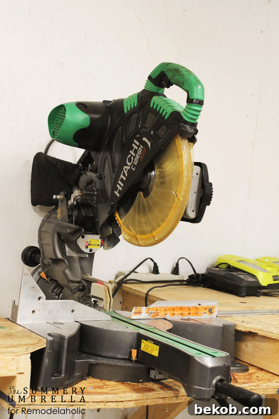A miter saw making a precise angle cut.