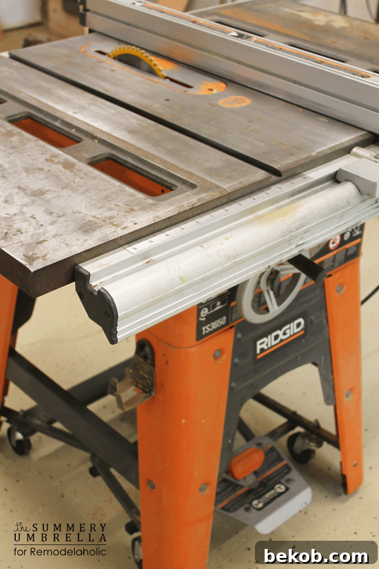 A large table saw in a woodworking shop.