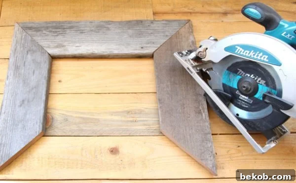 Cutting barn wood at 45-degree angles
