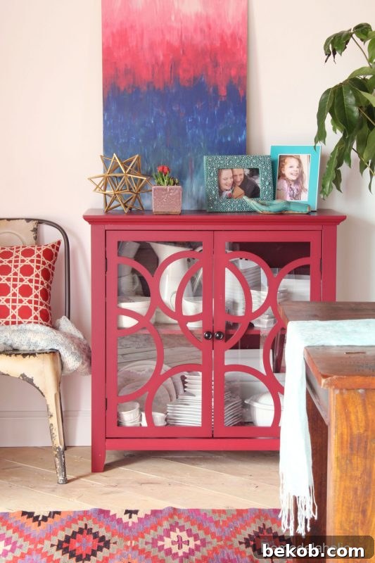 Close-up of the dining room decor with a Sauder cabinet