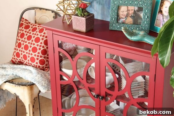 Dining room corner showcasing the Sauder cabinet and other decor