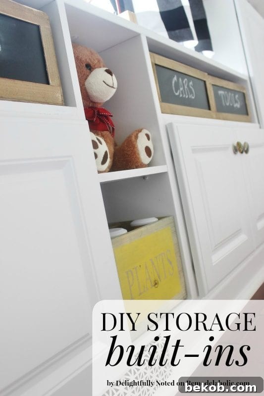 DIY Storage Built-ins - how to use cabinets to create your own built in shelving, perfect for storage in a playroom, living room, or family room @Remodelaholic