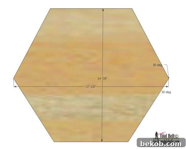 Instructions for cutting the plywood back for a large hexagon shelf, ensuring it fits perfectly into the dado groove.