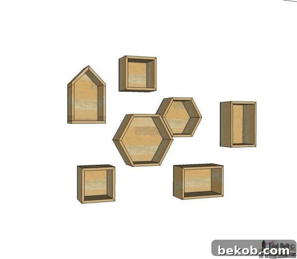 Create modern and unique wall decor with a gallery of geometric display shelves. Free plans to build 4 different shaped shadow box shelves on Remodelaholic.