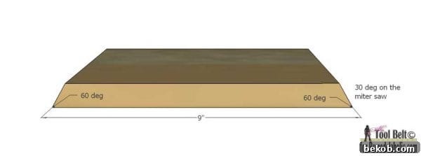 Side view diagram for assembling a large hexagon shelf, illustrating the precise miter cuts required.