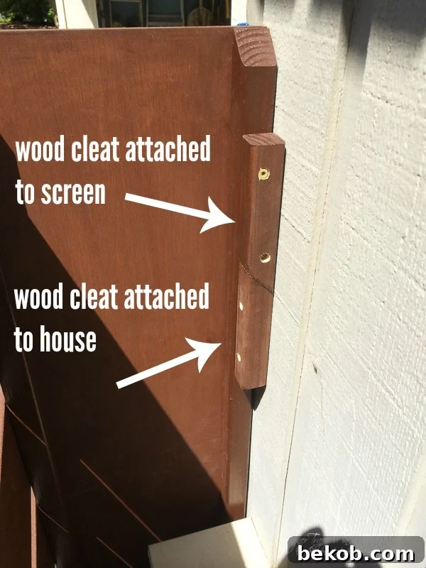 how to build and hang a wood screen to hide utility boxes or other exterior eyesores along the side of your home. This detailed diagram illustrates the cleat system for removable installation.