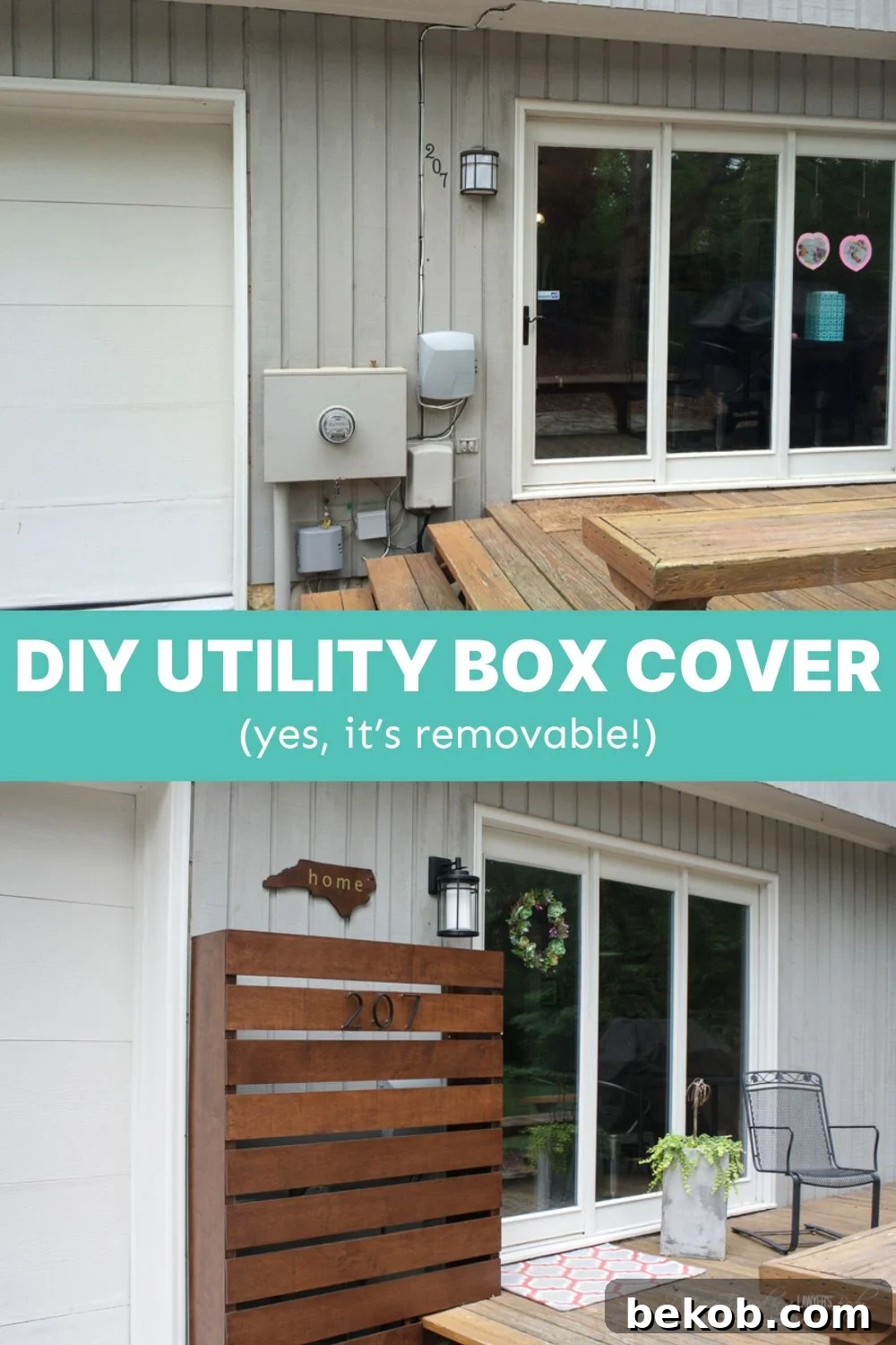 Hide those ugly utility boxes on your house with this gorgeous wood screen DIY utility box cover. Easy to customize, and easy to remove to read the meters or for utility maintenance. This Pinterest-ready graphic is perfect for sharing the tutorial.