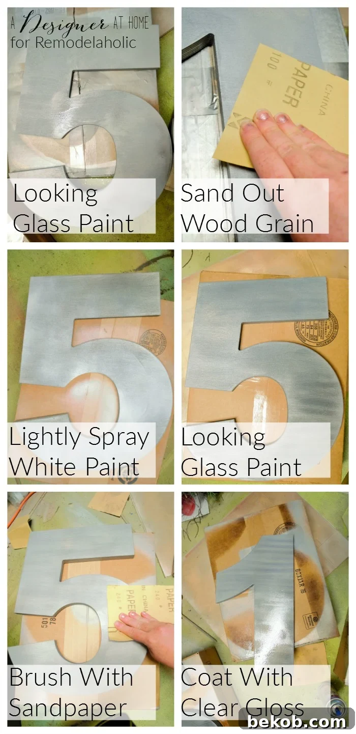 Detailed guide on how to create a stunning faux brushed nickel finish on large wood numbers for a custom home exterior upgrade.