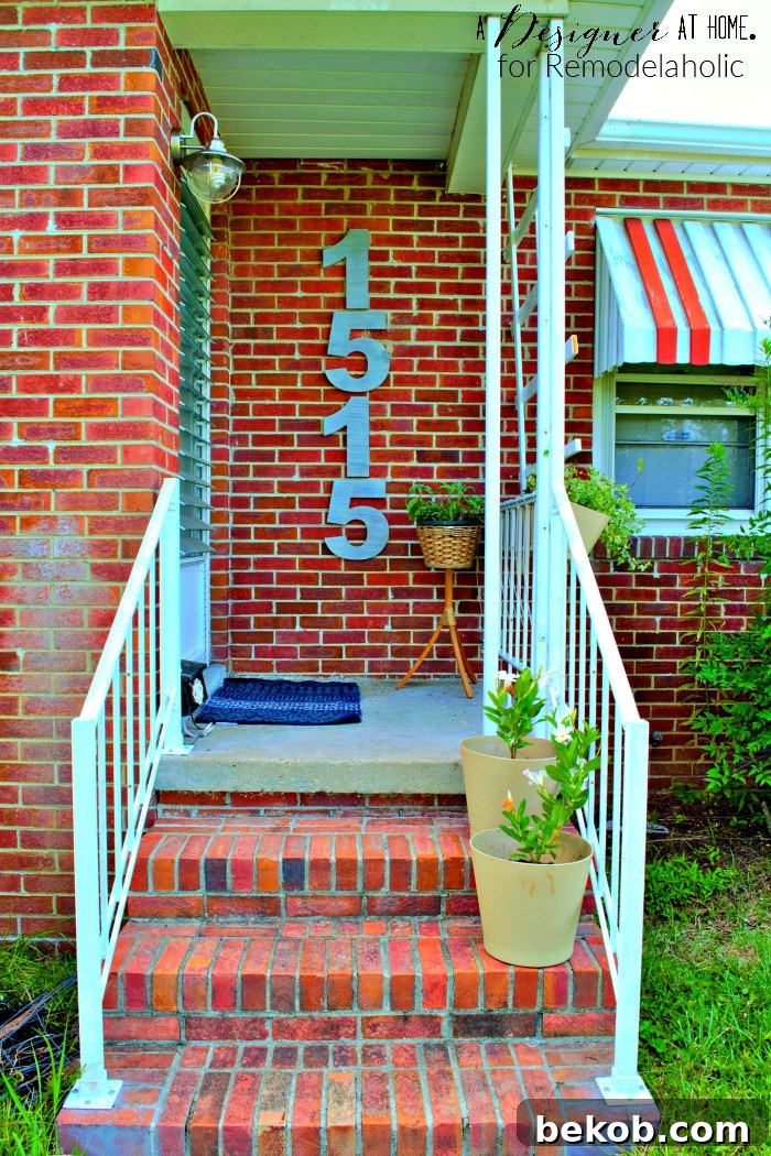 Before and after: upgrading outdated peel and stick house numbers to giant, modern faux brushed nickel numbers for enhanced curb appeal.