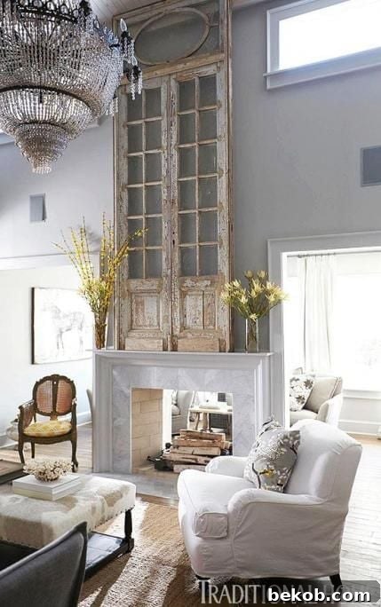 How To Decorate Tall Walls Vintage French Doors Above Fireplace 2