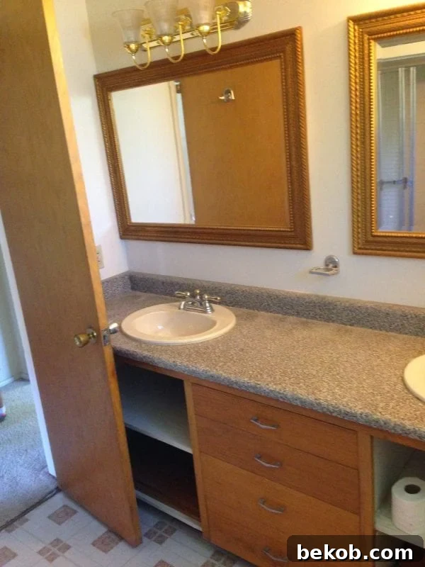 Dated chrome and gold faucet before bathroom remodel