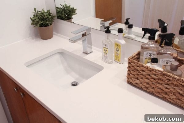 Bathroom counter with simple decor and Symmons faucet