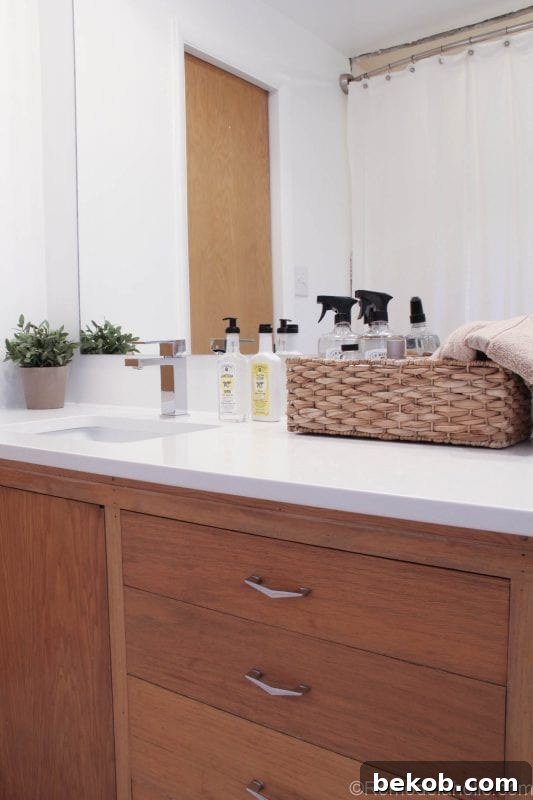 Modern bathroom showing new faucet, lighting, and decor