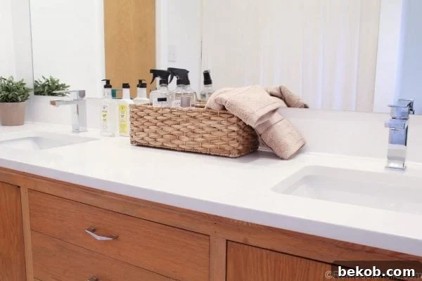Modern bathroom vanity with white sink and Symmons faucet