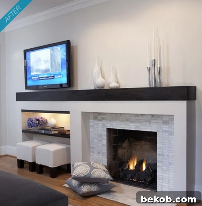 Off-center fireplace with live flame, making a bold and dynamic focal point