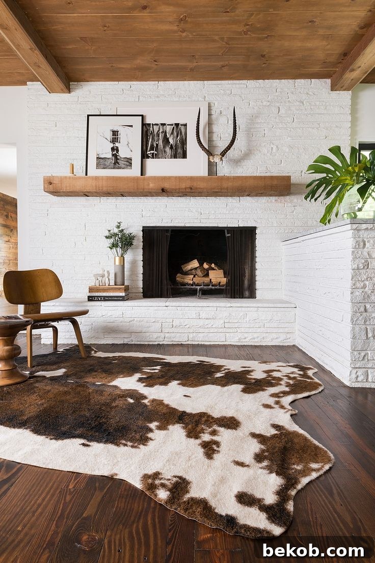 Off-center fireplace with large mantel balancing the asymmetry, featuring logs in grate