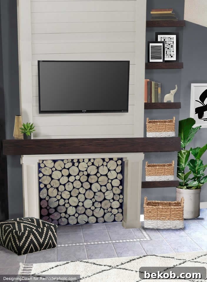 Mockup of Catherine's transformed fireplace, showcasing new design elements