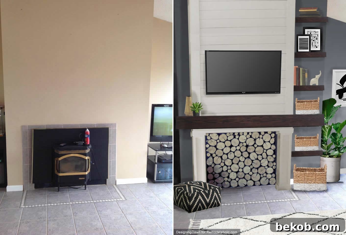 Side-by-side comparison of Catherine's fireplace before and after design mockup