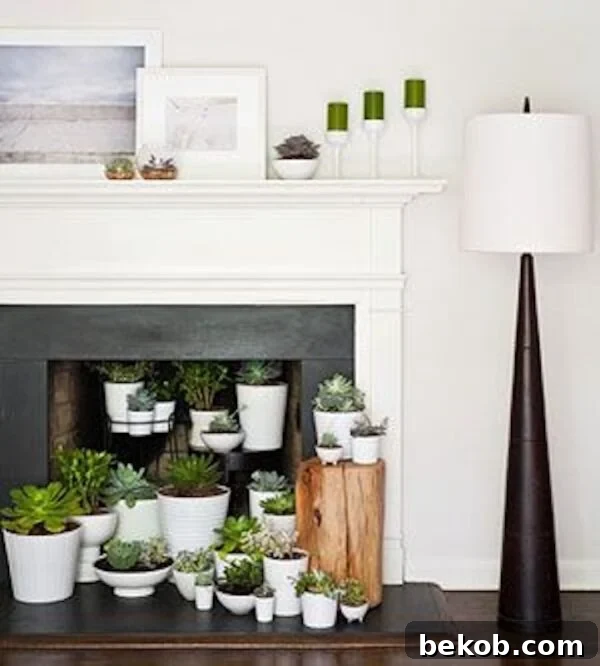 Empty fireplace filled with succulents in various pots for a cozy style