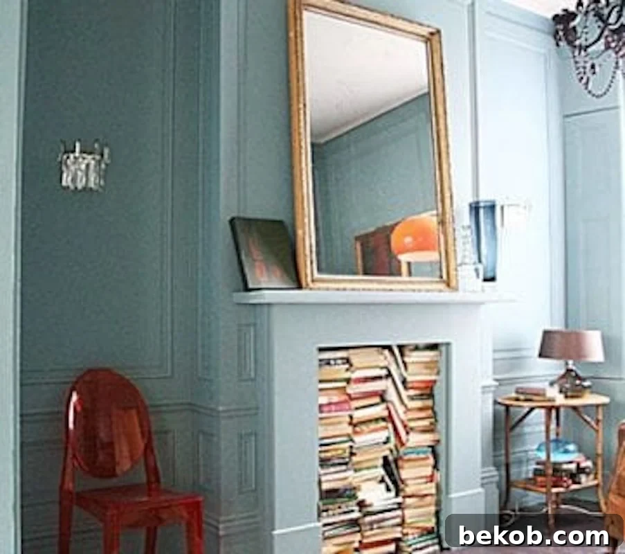 Brilliant repurposing of a non-working fireplace with gorgeous stacks of vintage books