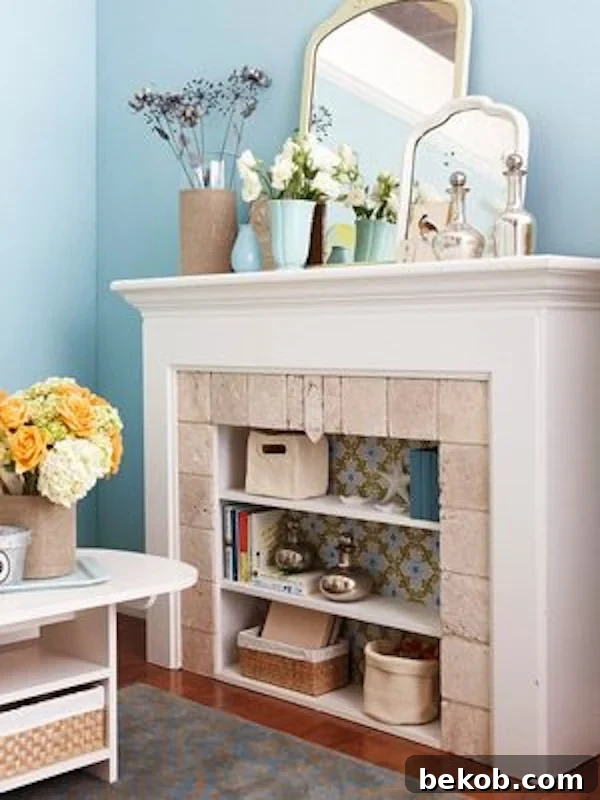 Clever use of a nonworking fireplace with built-in shelves or inserts