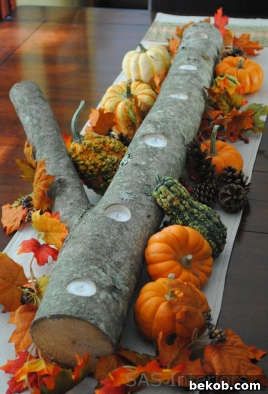 Stunning Pumpkin Centerpieces: Elevate Your Fall Table 12 Log candle centerpiece with mini pumpkins