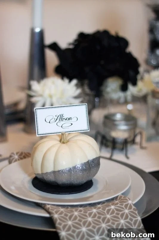 Stunning Pumpkin Centerpieces: Elevate Your Fall Table 5 Glittered pumpkin place cards