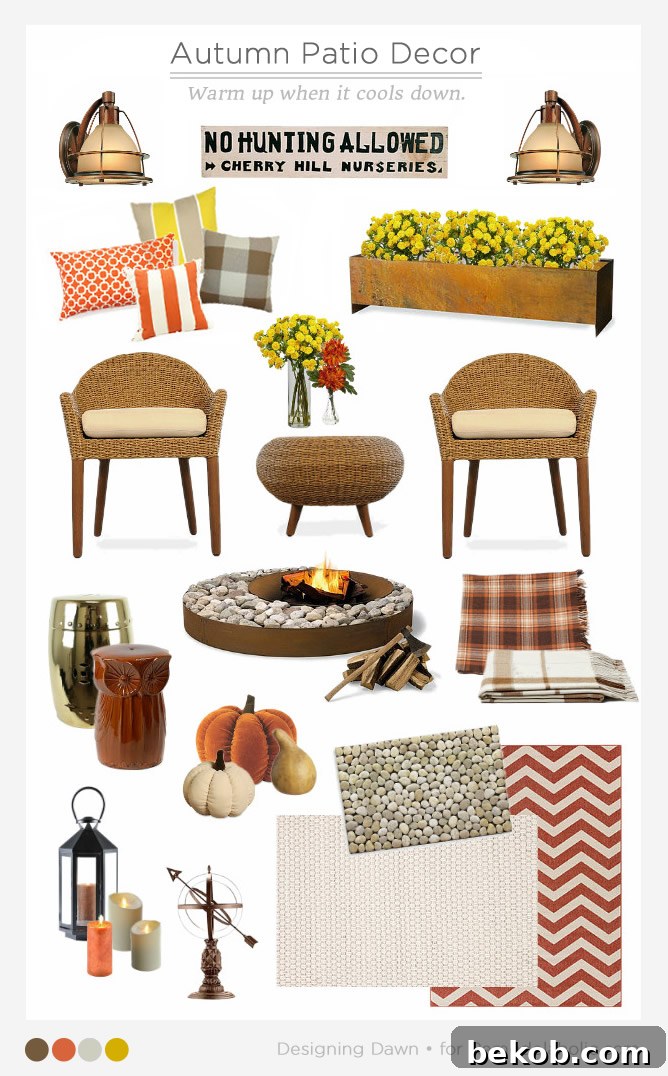 How to decorate your patio for autumn. Use these tips to create a cozy and inviting space, so you can enjoy your outdoor areas well into cool autumn evenings, and gain more livable space for at least three seasons a year. Featuring warm colors, soft textures, and ambient lighting.