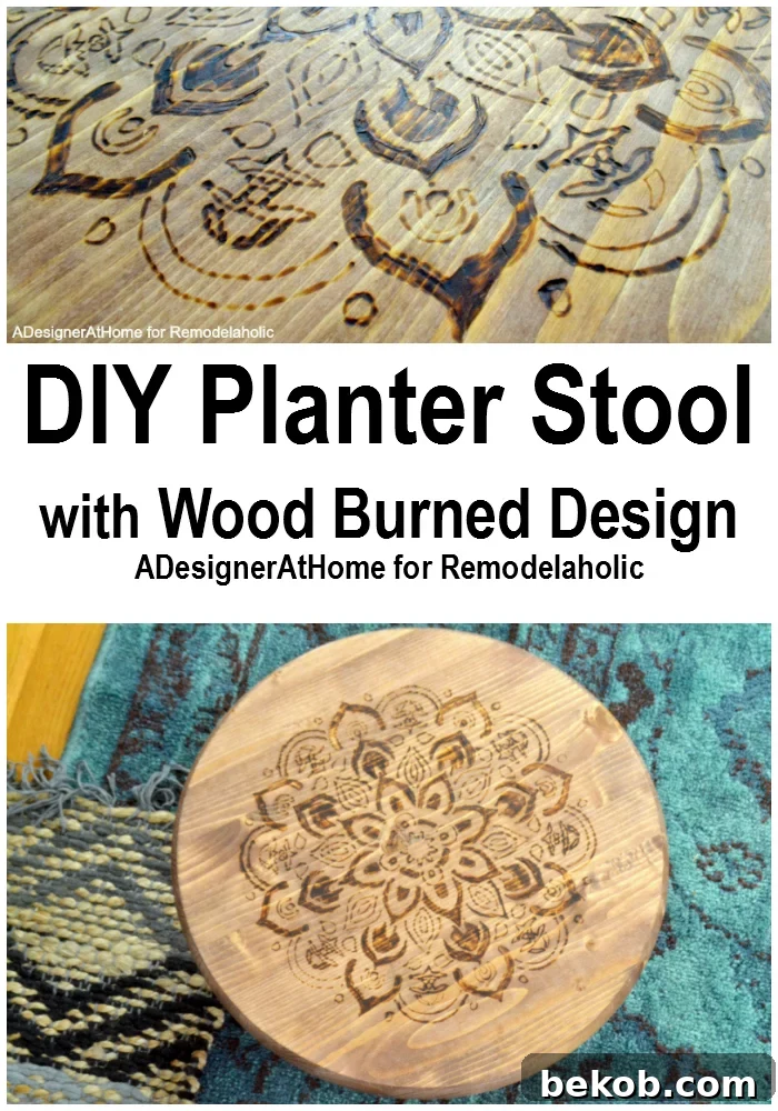 Customized wood-burned planter stool with mandala design