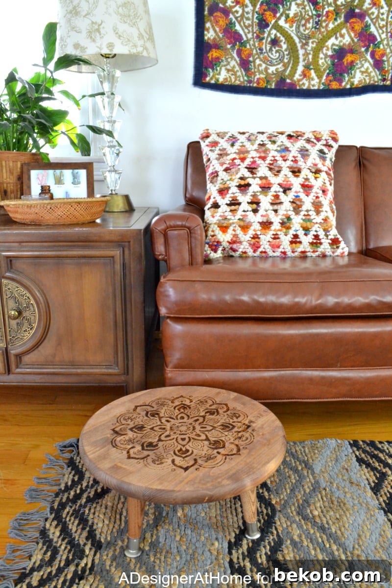 This easy wood-burned planter stool (or footrest) is a great addition to a color boho style living room