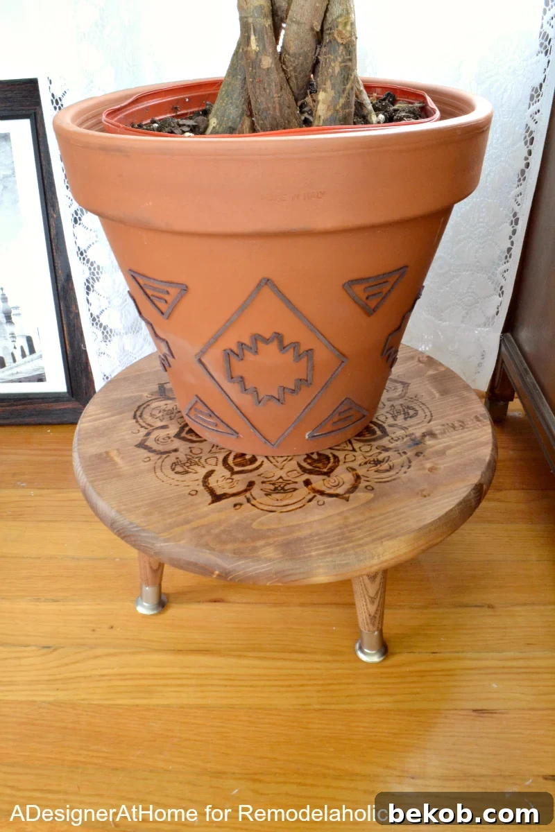 Easy DIY style! DIY suede planter, plus a wood-burned planter stand/ottoman