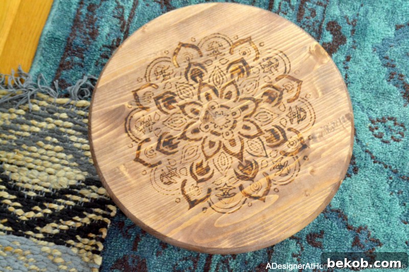teal-rug-layered-mandala-stenciled-wood-burned-foot-stool-easy-diy