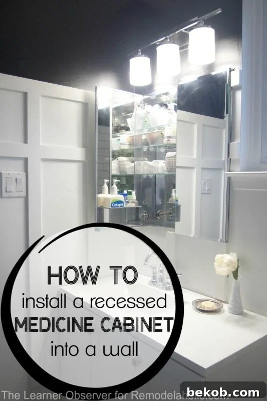 Installing a Flush-Mount Medicine Cabinet 2 Recessed medicine cabinet installed in a bathroom wall