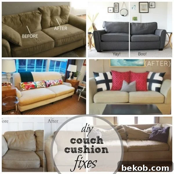Close-up of sofa cushions before and after DIY fixes, showcasing improved firmness and shape.